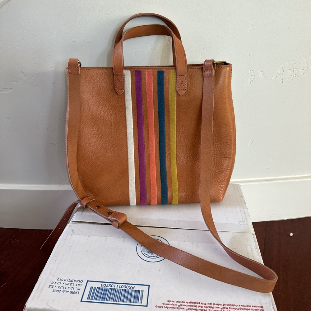 Madewell Tan Leather Crossbody Bag with Multicolor Stripes